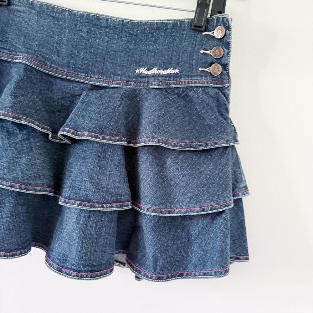 Vintage Y2K Ruffled Tiered Denim Mini Skirt Heatherette 7 Cotton Stretch 2000s - Picture 3 of 12